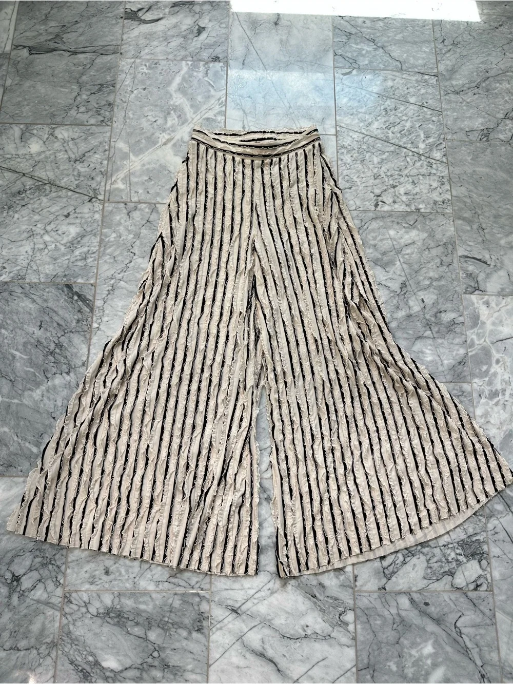 ZARA Cream Black Stripe Ruffle Knit Wide Leg Pants